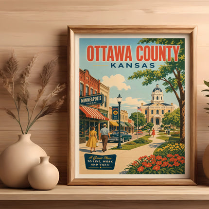 Vintage travel poster for Ottawa County, Kansas, featuring Minneapolis and a courthouse.
