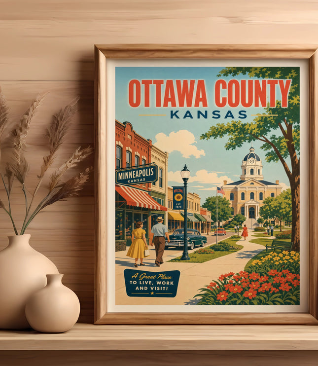 Vintage travel poster for Ottawa County, Kansas, featuring Minneapolis and a courthouse.