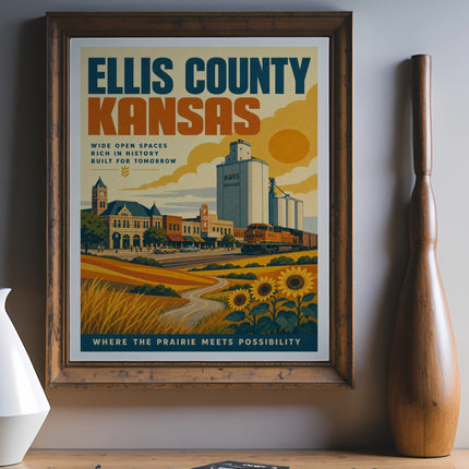 Ellis County, Kansas retro travel poster with text and illustration.