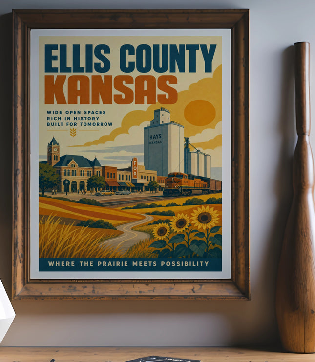 Ellis County, Kansas retro travel poster with text and illustration.