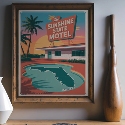 Retro "Sunshine State Motel" sign above a motel with pool in Florida shape.