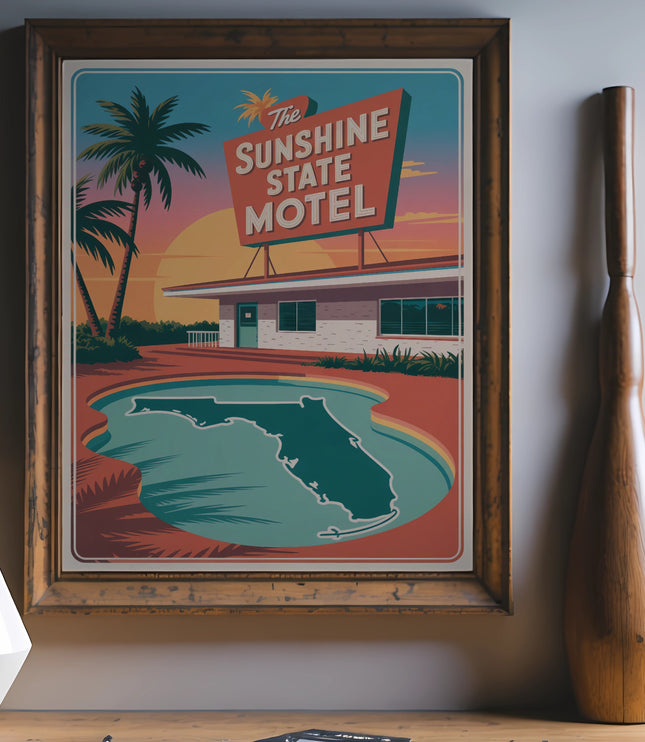 Retro "Sunshine State Motel" sign above a motel with pool in Florida shape.