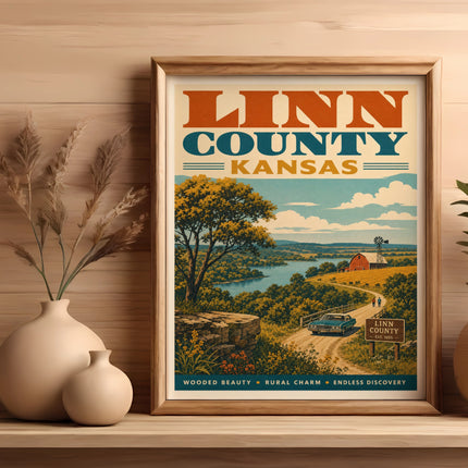 Linn County Kansas travel poster with rural landscape and text.