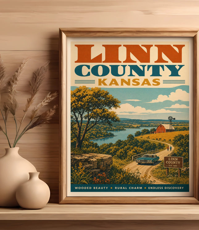 Linn County Kansas travel poster with rural landscape and text.