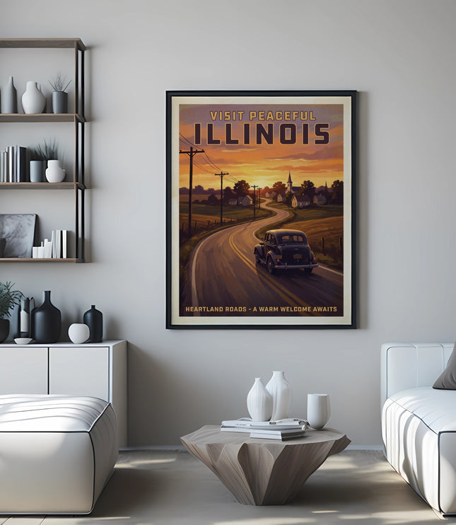 Visit Peaceful Illinois vintage poster with car on winding road at sunset.