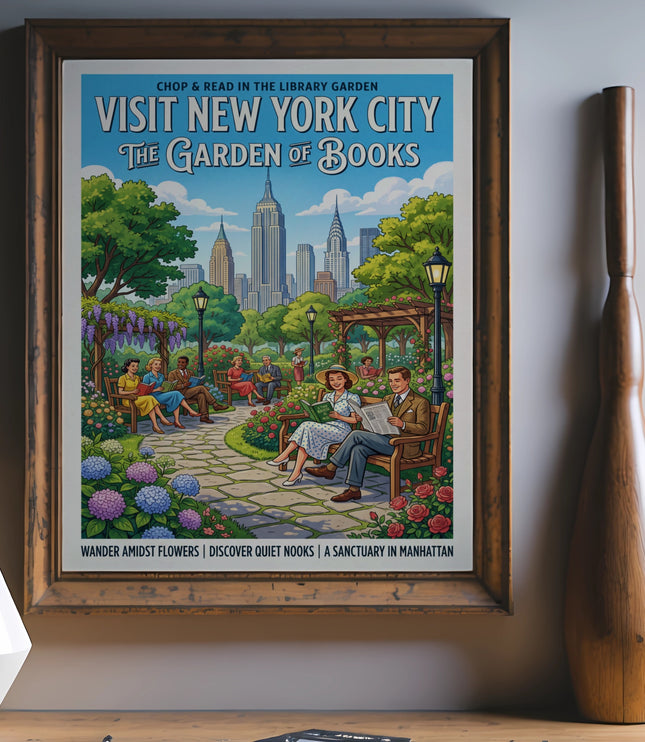 Poster of New York City's Garden of Books with people reading and city skyline.