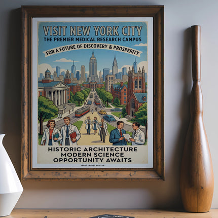 1940s travel poster for New York City medical research campus.