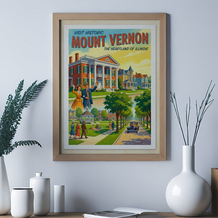 Vintage "Visit Historic Mount Vernon, Illinois" poster with illustration of town square.