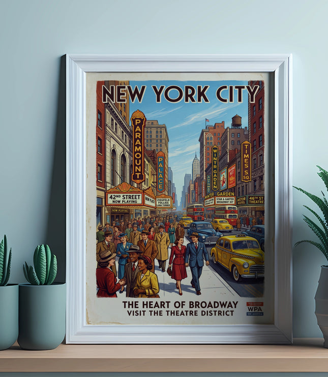 New York City poster with "The Heart of Broadway" text and bustling street scene.