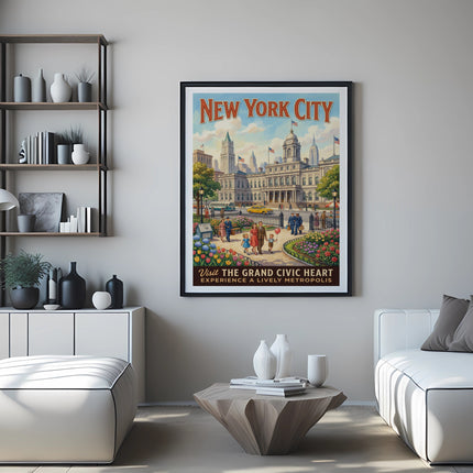 New York City poster depicting City Hall and surrounding buildings.
