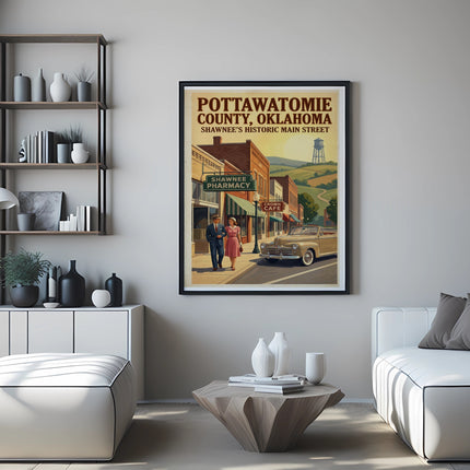 Vintage poster of Shawnee's Historic Main Street, Pottawatomie County, Oklahoma.