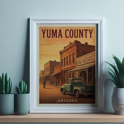 Yuma County Arizona vintage poster with classic truck and buildings.
