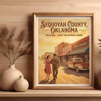 Sequoyah County, Oklahoma vintage poster features a couple walking past Main Street businesses.