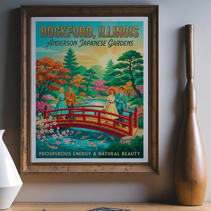 Rockford, Illinois Japanese Gardens poster with people crossing a bridge over koi pond.