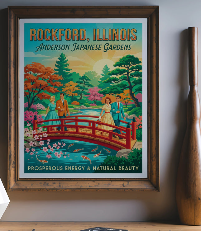 Rockford, Illinois Japanese Gardens poster with people crossing a bridge over koi pond.