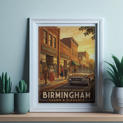 Vintage travel poster depicts Birmingham, Michigan with classic car and storefronts.