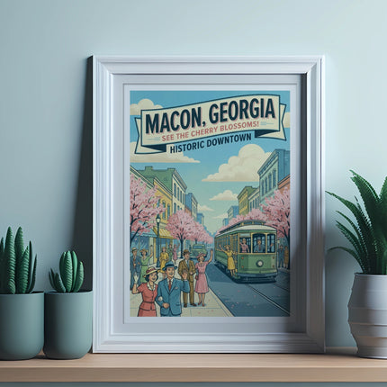 Framed illustration of Macon, Georgia historic downtown with cherry blossoms.