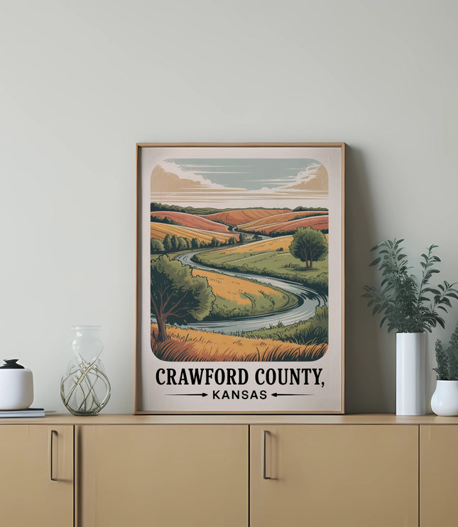Crawford County, Kansas landscape artwork on a shelf.