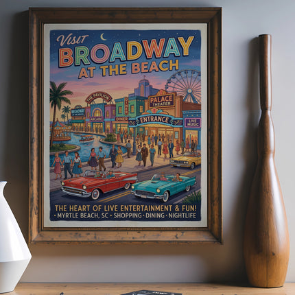 Vintage "Visit Broadway at the Beach" poster with classic cars, people, and attractions.