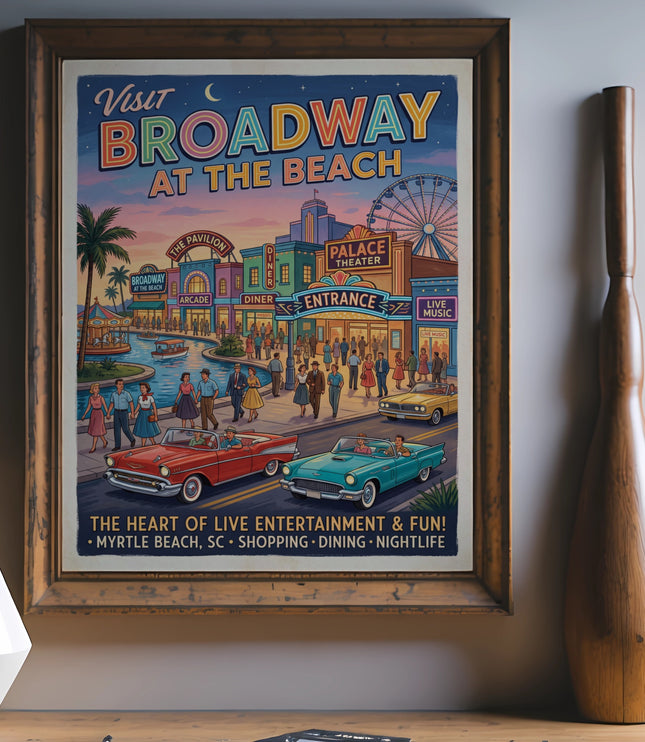 Vintage "Visit Broadway at the Beach" poster with classic cars, people, and attractions.
