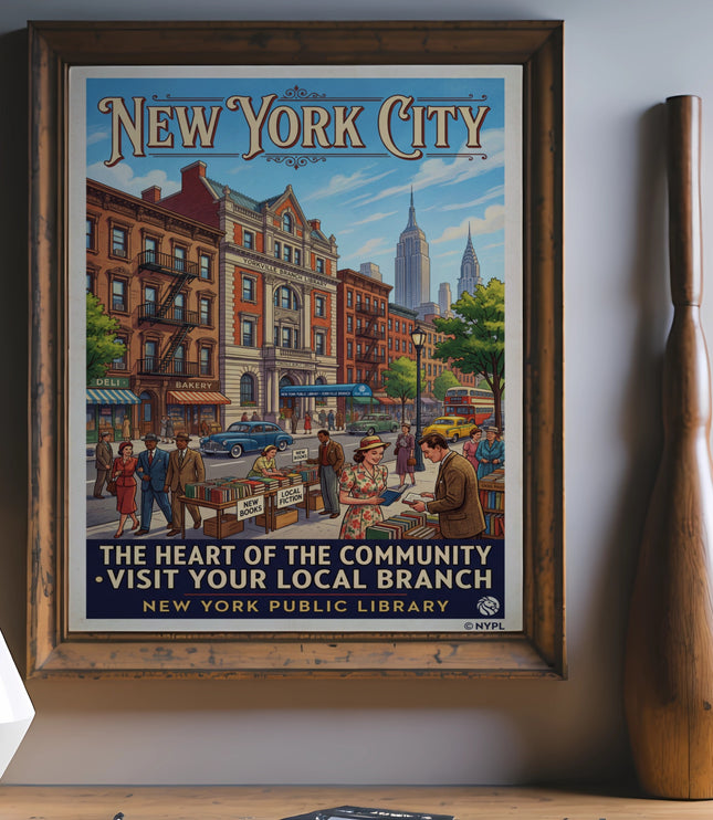 New York City poster featuring a street scene and the text 'The Heart of the Community'.
