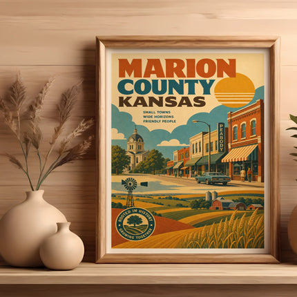 Marion County, Kansas poster with town buildings, farm fields, and sun.