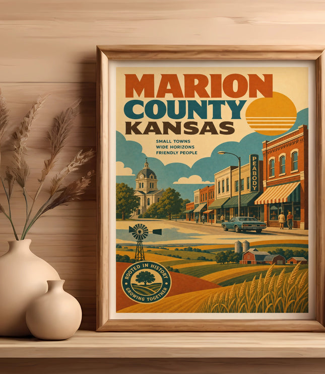 Marion County, Kansas poster with town buildings, farm fields, and sun.