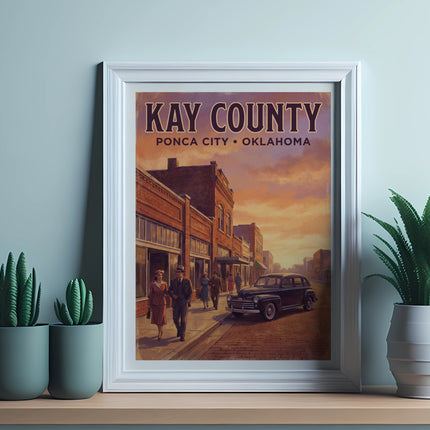 Kay County Ponca City Oklahoma travel poster with vintage car and people on street.