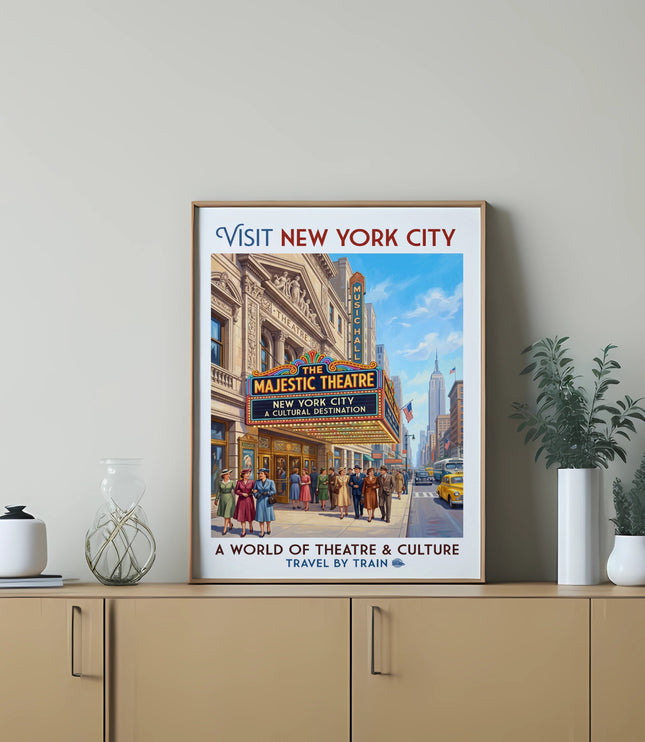 Vintage poster for New York City featuring the Majestic Theatre and Empire State Building.