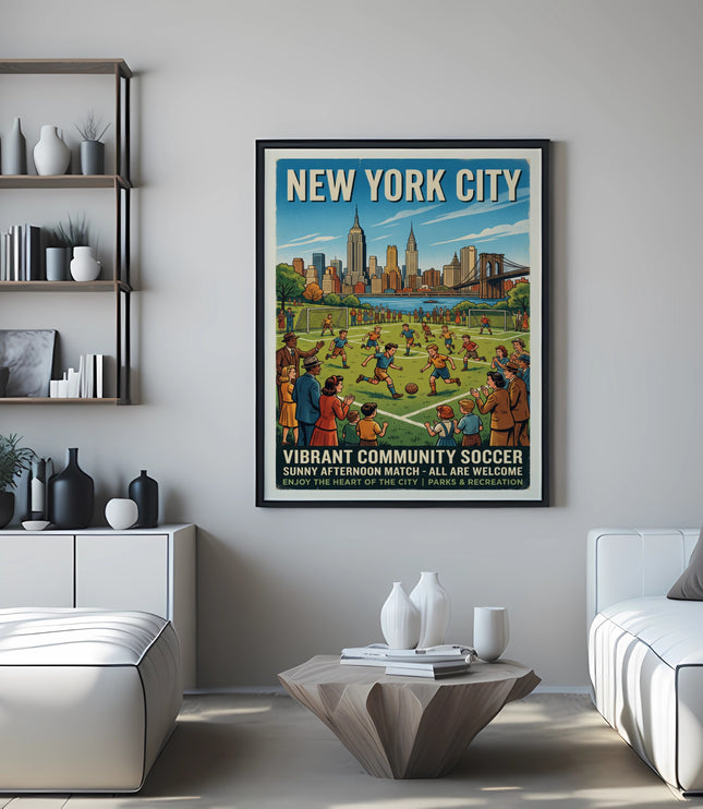 New York City soccer poster showing a sunny community match.