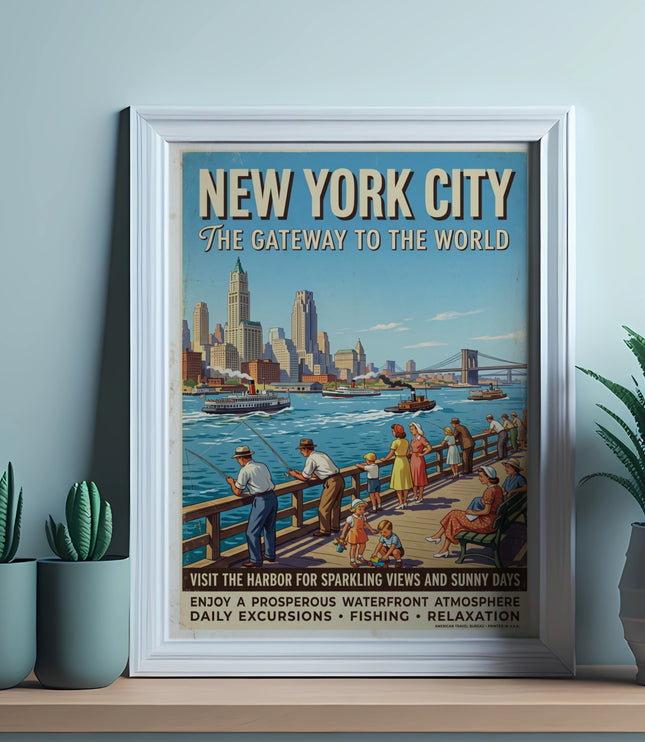New York City vintage travel poster featuring harbor, skyline, and people fishing.
