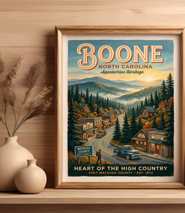 Boone, North Carolina Appalachian Heritage vintage travel poster.