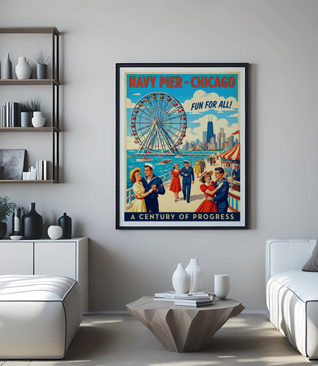 Vintage poster of Navy Pier Chicago with Ferris wheel, city skyline, and dancing couples.