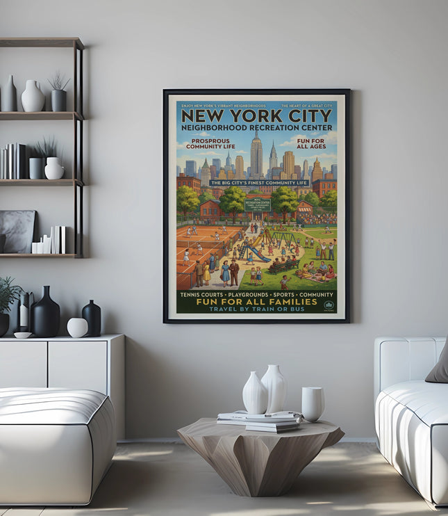 New York City Neighborhood Recreation Center vintage travel poster with city skyline.