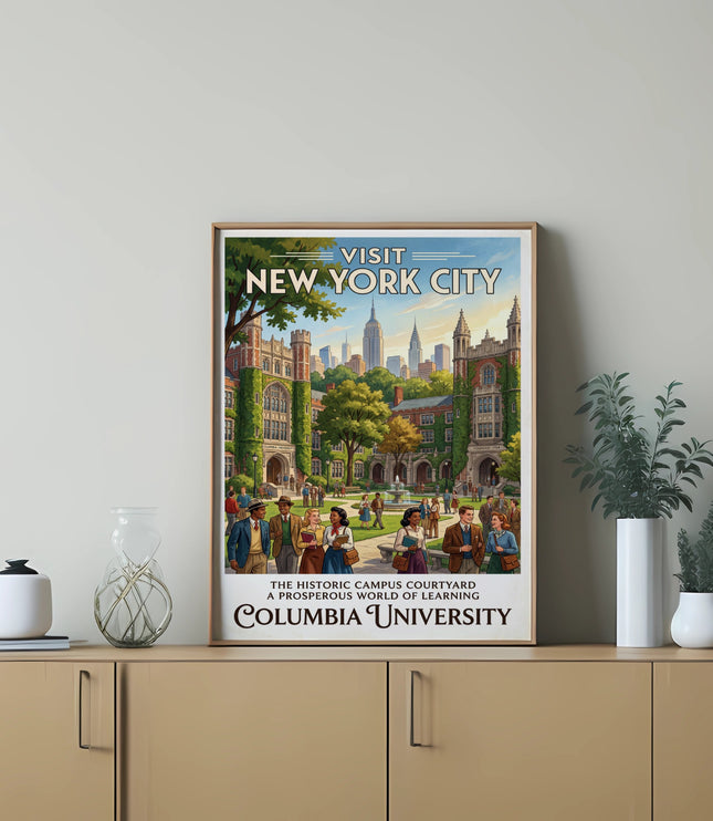 Poster of Columbia University courtyard with "Visit New York City" text.