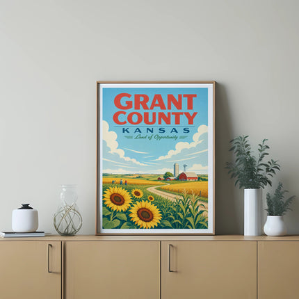 Grant County, Kansas poster with sunflowers, farm, and rolling hills.