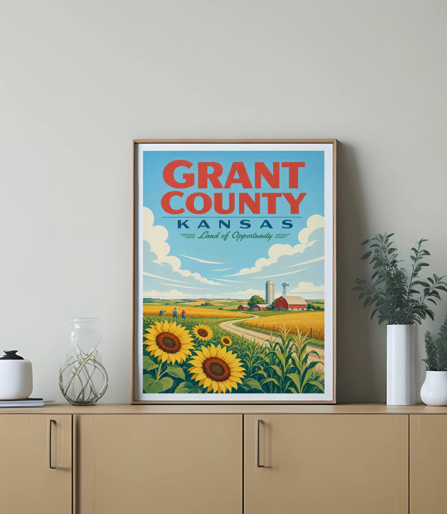 Grant County, Kansas poster with sunflowers, farm, and rolling hills.