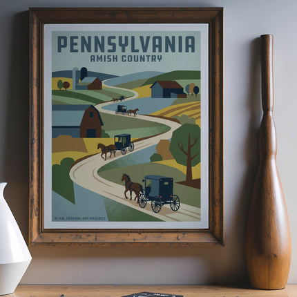 Pennsylvania Amish Country vintage poster with horse-drawn buggies and farms.