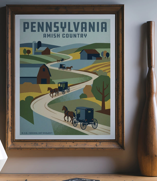 Pennsylvania Amish Country vintage poster with horse-drawn buggies and farms.