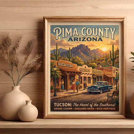 Vintage poster of Tucson, Arizona, with desert landscape, shops, and classic car.