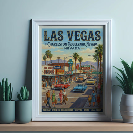 Vintage Las Vegas Charleston Boulevard poster with classic cars and buildings.
