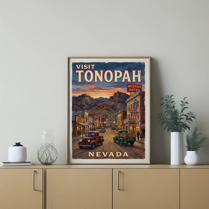 Vintage poster featuring "Visit Tonopah Nevada" with a street scene and Mizpah Hotel.