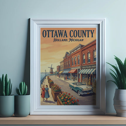 Ottawa County Holland Michigan vintage travel poster with a waterfront scene.