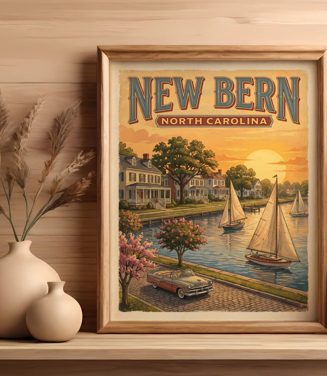 New Bern North Carolina vintage art print with sailboats at sunset.