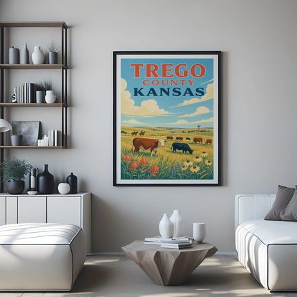 Trego County Kansas vintage travel poster featuring cows in a field.