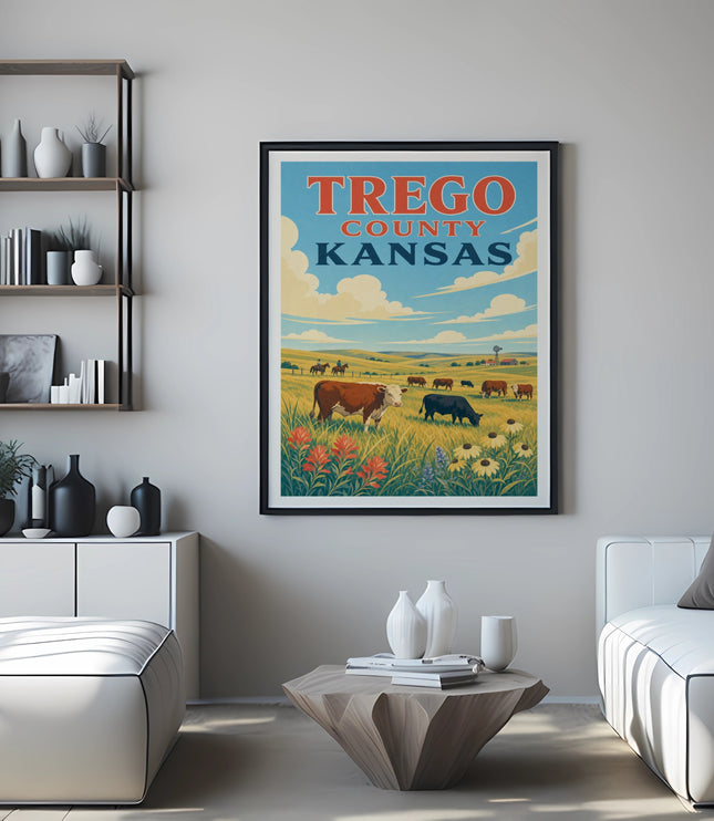 Trego County Kansas vintage travel poster featuring cows in a field.