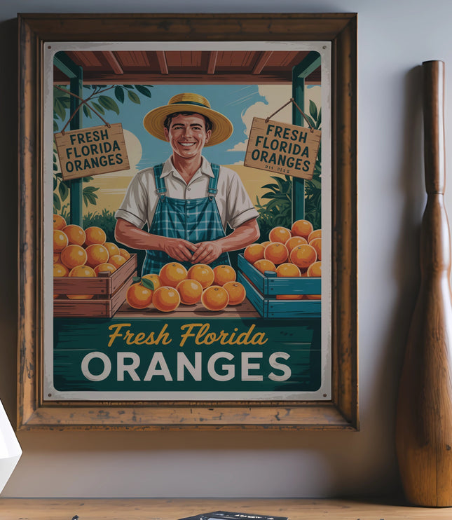 Vintage poster: farmer selling crates of fresh Florida oranges.