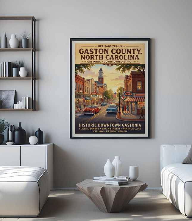 Gastonia North Carolina vintage travel poster artwork featuring historic downtown buildings and cars.