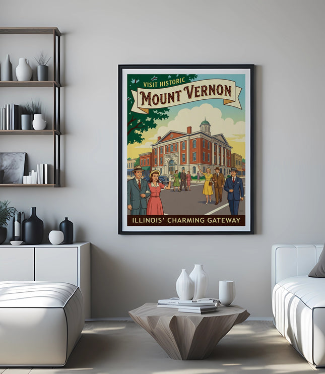Vintage Mount Vernon Illinois travel poster with a courthouse and people walking.