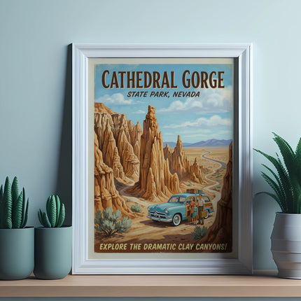 Vintage poster of Cathedral Gorge State Park, Nevada, featuring a classic car and family.
